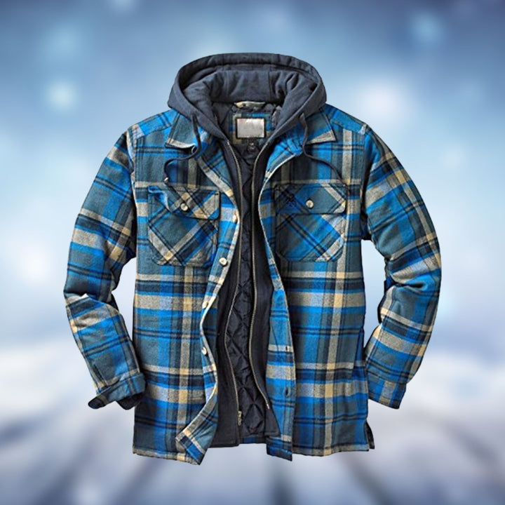 Blau-karierte Herrenjacke mit Kapuze, warmes Winterdesign, Baumwolle, Outdoor-Bekleidung.