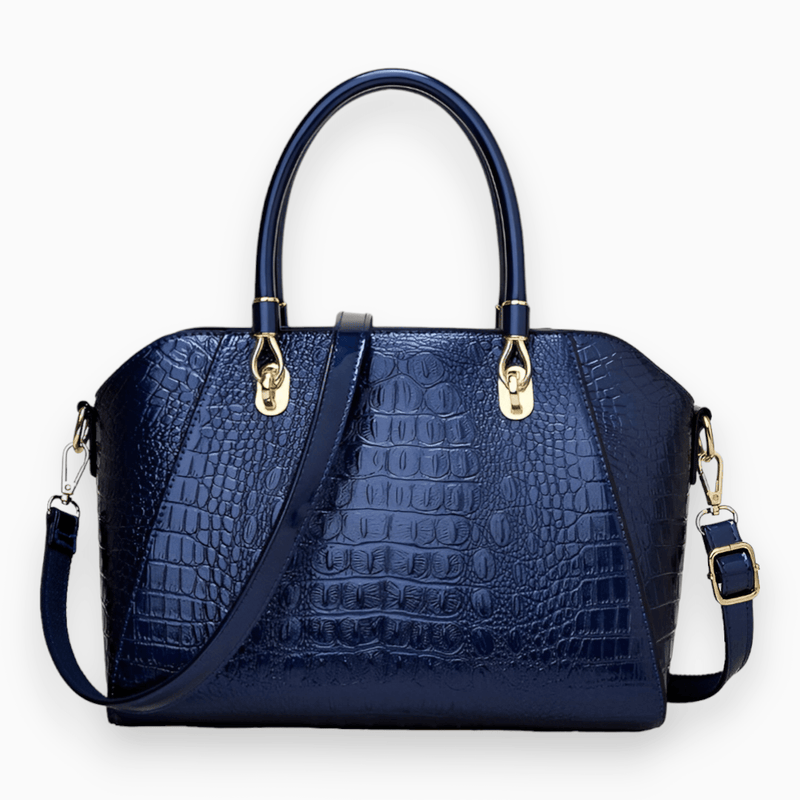 Blaue Krokodilleder-Handtasche mit goldenen Beschlägen, elegantes Design, Damenmode Accessoire.