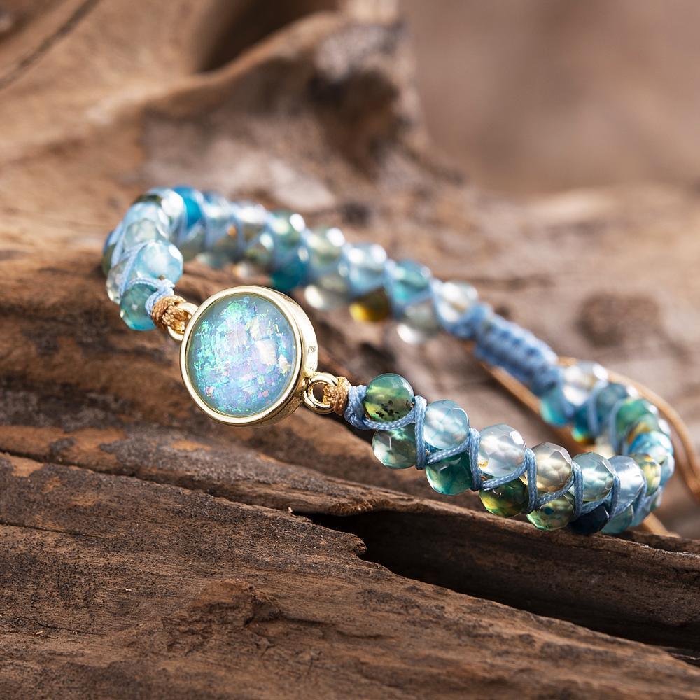 Blaues Opal-Armband, rund, geflochten, Perlen, Yoga-Schmuck, Balance, Natursteine.