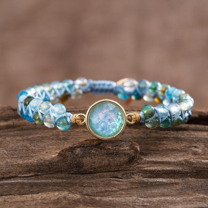 Blaues Opal-Armband, rund, Perlen, geflochten, Yoga-Schmuck, Balance, Edelstein, Damen.