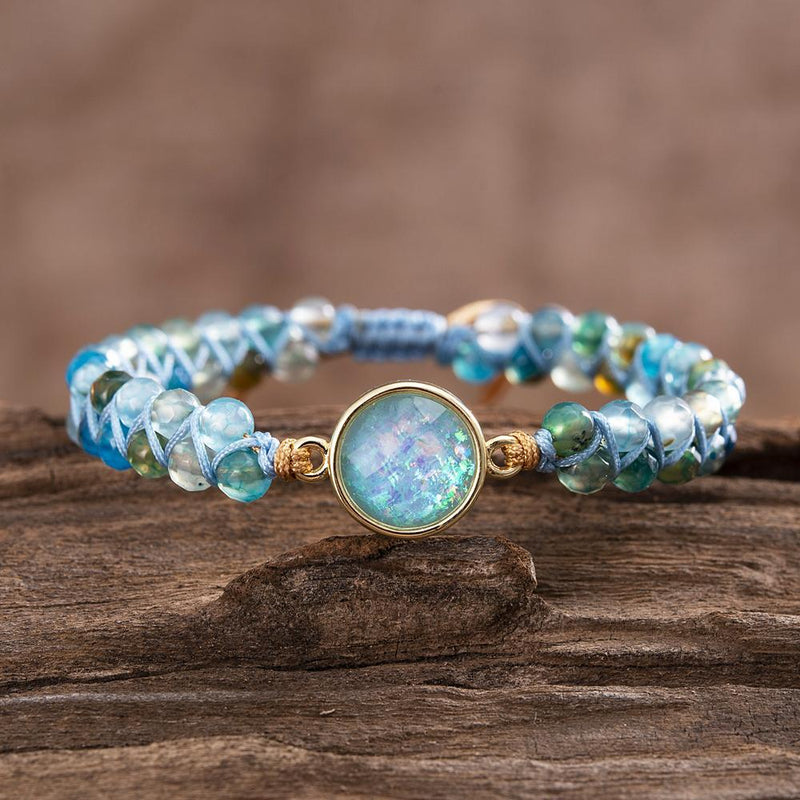 Blaues Opal-Armband, rund, Perlen, geflochten, Yoga-Schmuck, Balance, Edelstein, Damen.