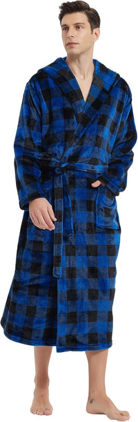 Männer Bademantel kariert blau schwarz Fleece mit Kapuze, gemütlich und warm für Zuhause.