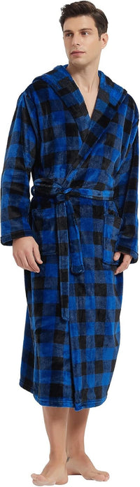 Männer Bademantel, blau-schwarz kariert, Fleece, Kapuze, warm, gemütlich, Morgenmantel.