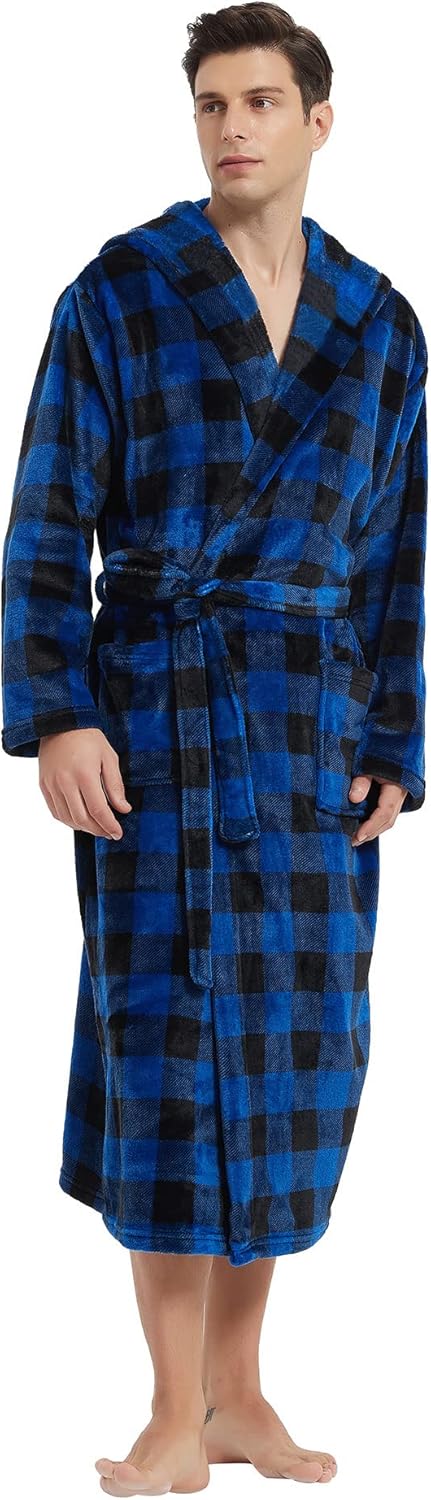 Männer Bademantel, blau-schwarz kariert, Fleece, Kapuze, warm, gemütlich, Morgenmantel.
