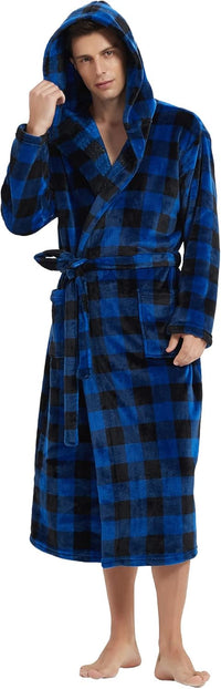 Männer Bademantel mit Kapuze, blau-schwarz kariert, Fleece, gemütlich, langärmelig.