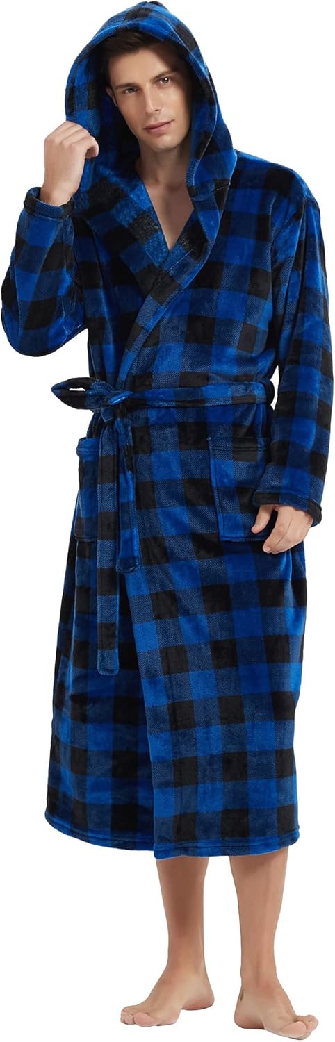 Männer Bademantel mit Kapuze, blau-schwarz kariert, Fleece, gemütlich, langärmelig.