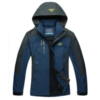 Dunkelblaue Outdoor-Jacke mit Kapuze, wasserdicht, winddicht, Herren, funktional.