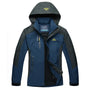 Dunkelblaue Outdoor-Jacke mit Kapuze, wasserdicht, winddicht, Herren, funktional.