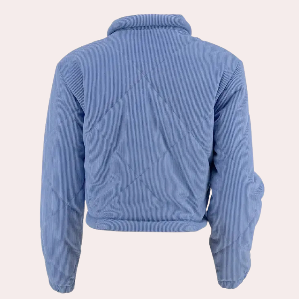 Blaue Cordjacke Damen, gesteppt, langärmelig, modisch, warm, Herbstmode, Rückansicht.