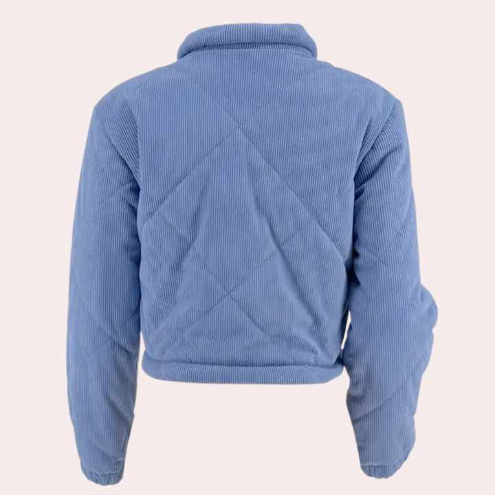 Blaue Cordjacke Damen, gesteppt, langärmelig, modisch, warm, Herbstmode, Rückansicht.