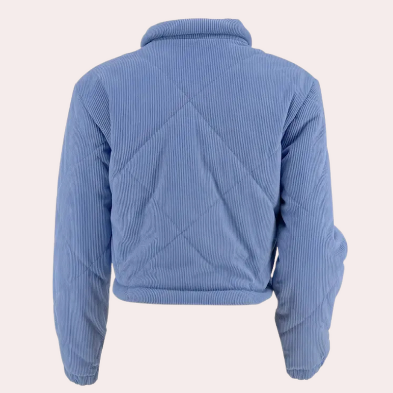 Blaue Cordjacke Damen, gesteppt, langärmelig, modisch, warm, Herbstmode, Rückansicht.