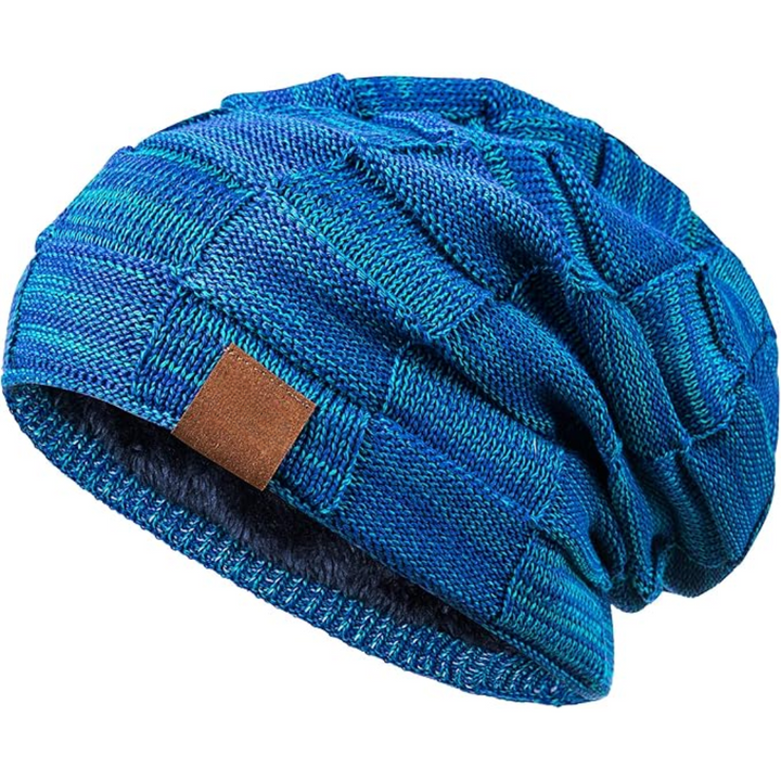 Blaue Strickmütze aus Wolle, lässiger Stil, ideal für Wintermode, Unisex-Design.