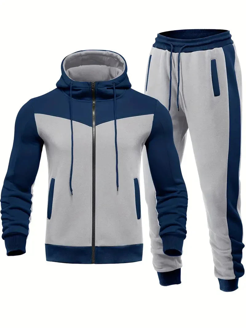 Blau-weißer Herren-Trainingsanzug, Kapuzenjacke mit Reißverschluss, Jogginghose, Sportbekleidung.