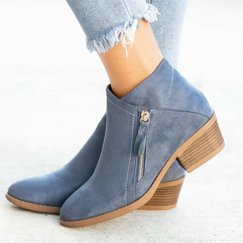 Blaue Damen-Stiefeletten aus Wildleder mit Reißverschluss, Blockabsatz, modisch, bequem.