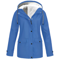 Blaue Damenjacke mit Kapuze, wasserdicht, Fleece-Innenfutter, Outdoor-Bekleidung.