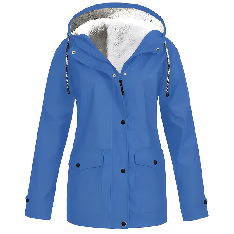 Blaue Damenjacke mit Kapuze, wasserdicht, Fleece-Innenfutter, Outdoor-Bekleidung.