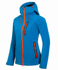 Blaue Damen-Skijacke mit Kapuze, orange Reißverschlüsse, winddicht, wasserdicht, Outdoor-Bekleidung.