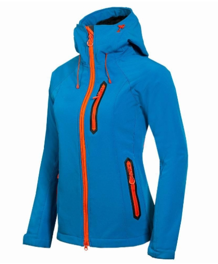 Blaue Damen-Skijacke mit Kapuze, orange Reißverschlüsse, winddicht, wasserdicht, Outdoor-Bekleidung.
