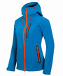 Blaue Damen-Skijacke mit Kapuze, orange Reißverschlüsse, winddicht, wasserdicht, Outdoor-Bekleidung.