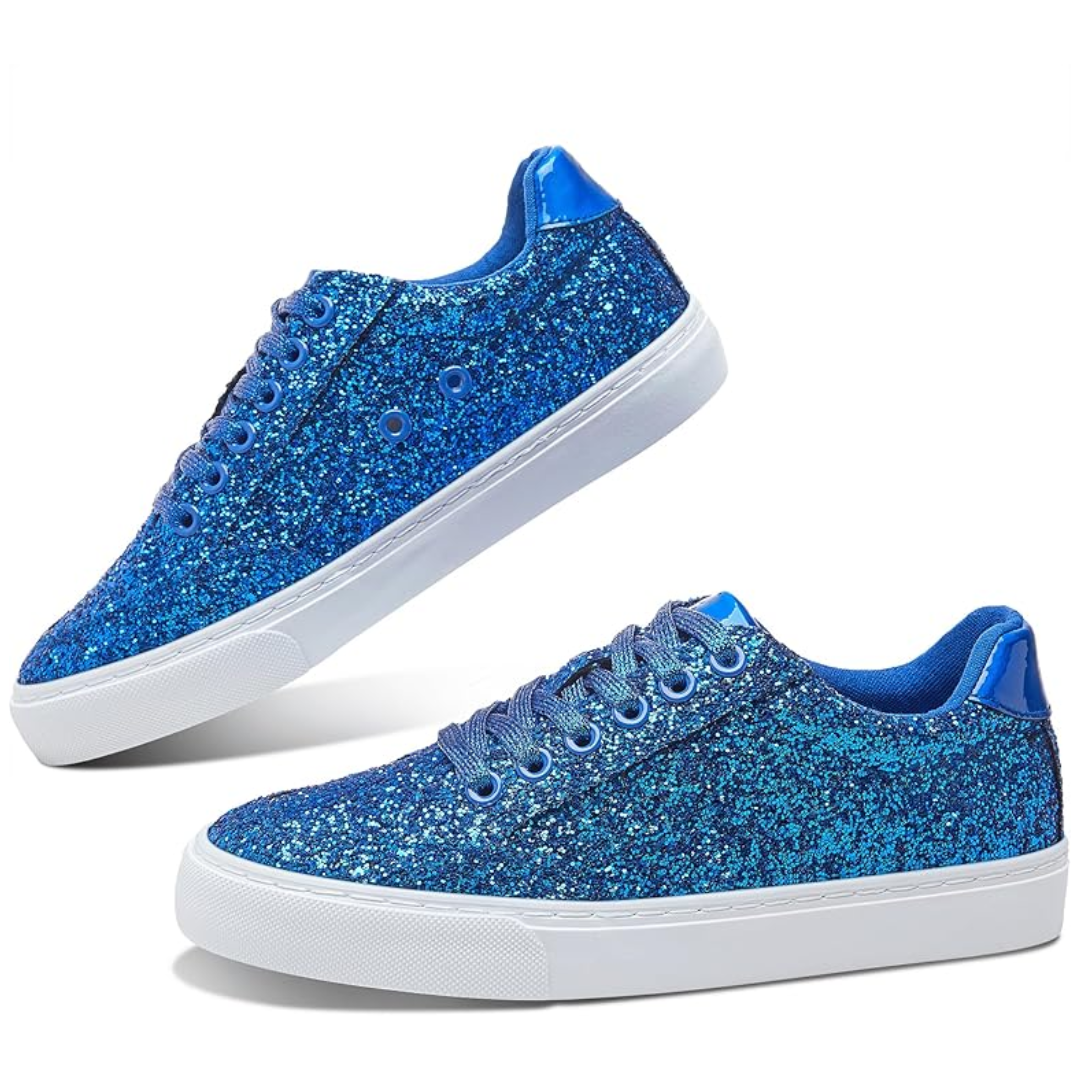 Blaue Glitzersneaker für Damen, modisch, bequem, mit weißer Sohle, ideal für Freizeit.