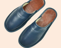 Blaue Lederslipper für Herren, bequemes Design, rutschfeste Sohle, Hausschuhe.