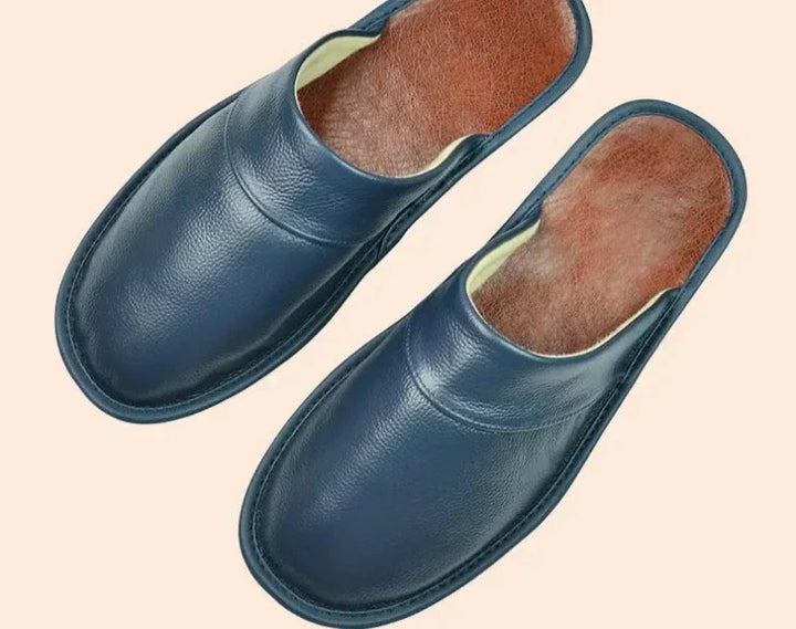 Blaue Lederslipper für Herren, bequemes Design, rutschfeste Sohle, Hausschuhe.