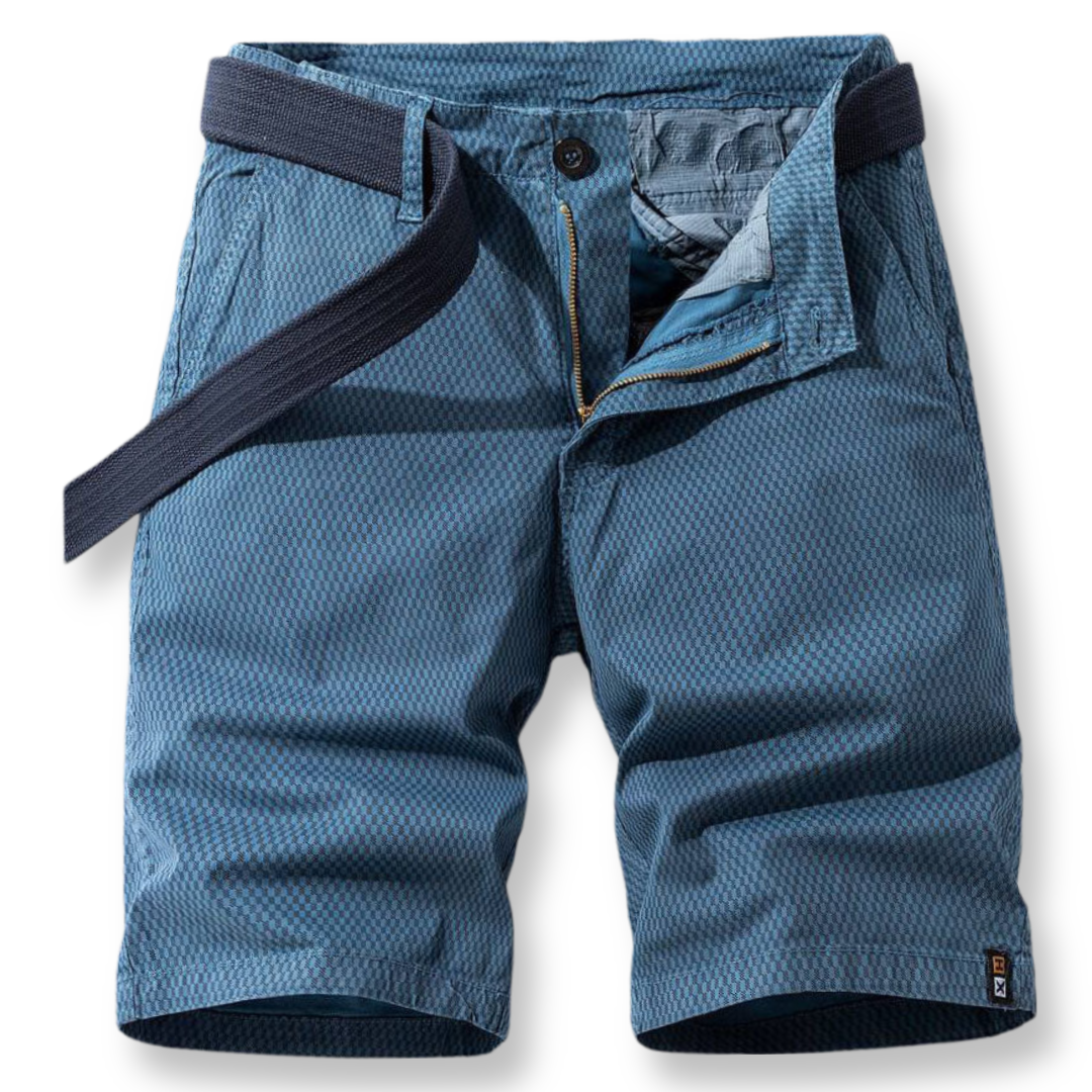 Blaue Herren-Shorts mit Gürtel, Baumwolle, Freizeitmode, Sommerbekleidung, atmungsaktiv.