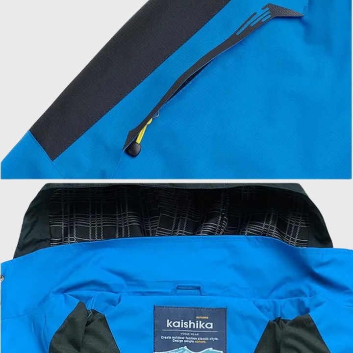 Blaue Outdoorjacke mit Reißverschluss und Kapuze, Kaishika-Label, wasserabweisend.