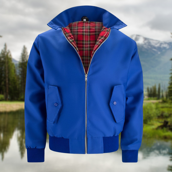 Blaue Herrenjacke mit rotem Karofutter, Reißverschluss, Outdoor, modisch, Freizeitkleidung.