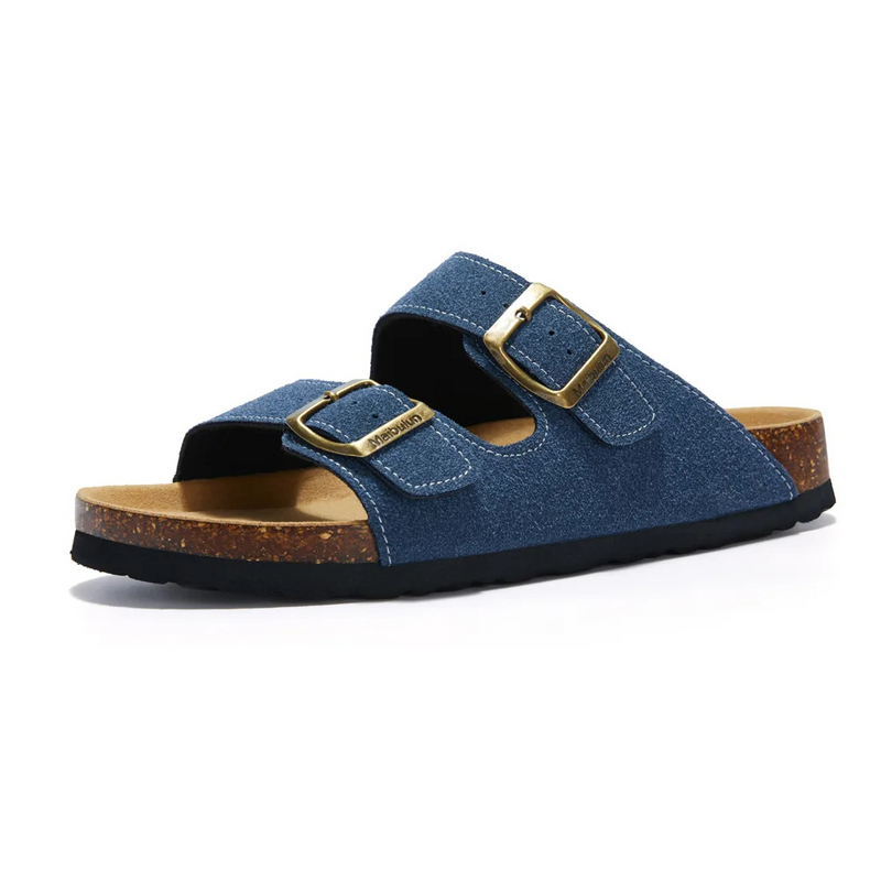 Blaue Korksandalen mit goldenen Schnallen, bequeme Sommerschuhe für Damen und Herren.