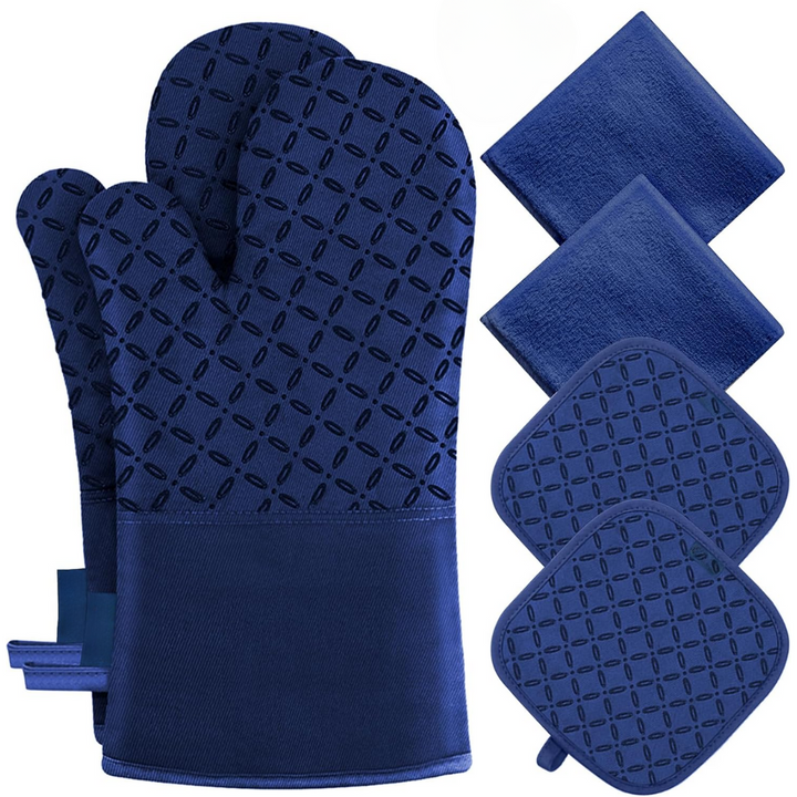 Blaue Ofenhandschuhe und Topflappen Set, hitzebeständig, rutschfest, Küche Zubehör.