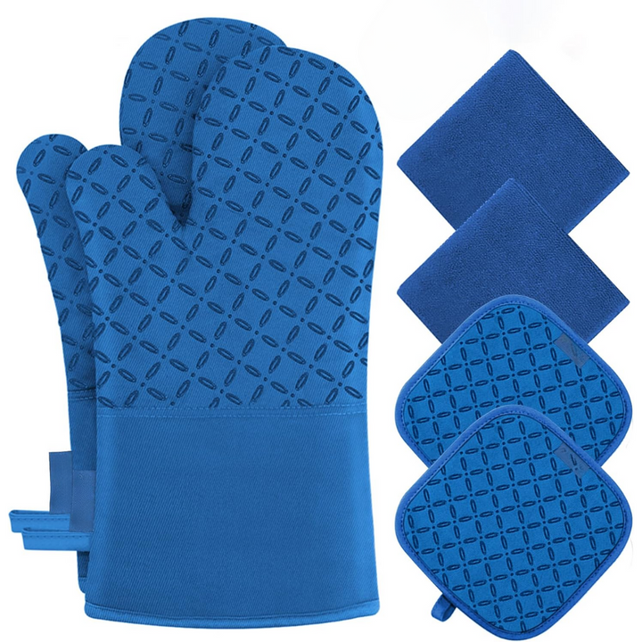 Blaue Ofenhandschuhe und Topflappen-Set, hitzebeständig, rutschfest, Küche Zubehör.