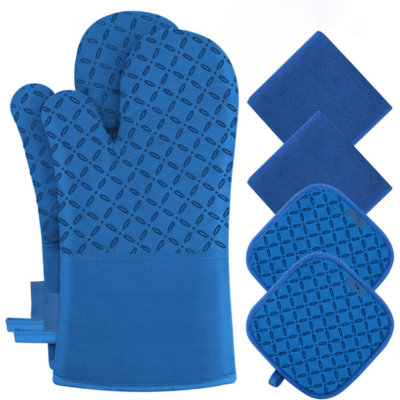 Blaue Ofenhandschuhe und Topflappen-Set, hitzebeständig, rutschfest, Küche Zubehör.