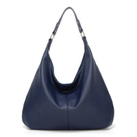 Dunkelblaue Lederhandtasche, Hobo-Stil, modisch, Damenaccessoire, elegantes Design.