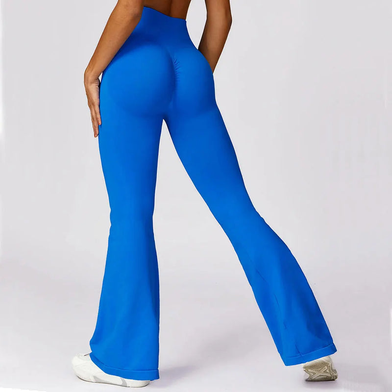 Blaue Damen-Yoga-Leggings, hohe Taille, Bootcut, elastisch, für Fitness und Sport.