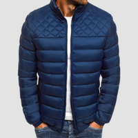Dunkelblaue Steppjacke für Herren, Reißverschluss, Wintermode, warm, stilvoll, Freizeitkleidung.