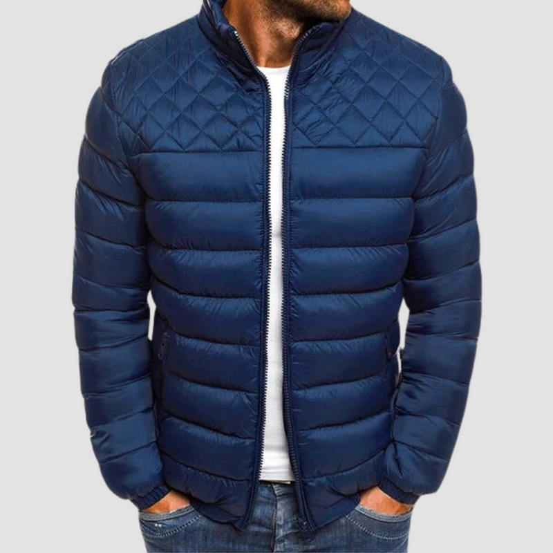 Dunkelblaue Steppjacke für Herren, Reißverschluss, Wintermode, warm, stilvoll, Freizeitkleidung.