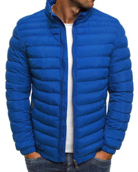 Blauer Herren-Daunenjacke, Stehkragen, Reißverschluss, Wintermode, warm, stylisch.