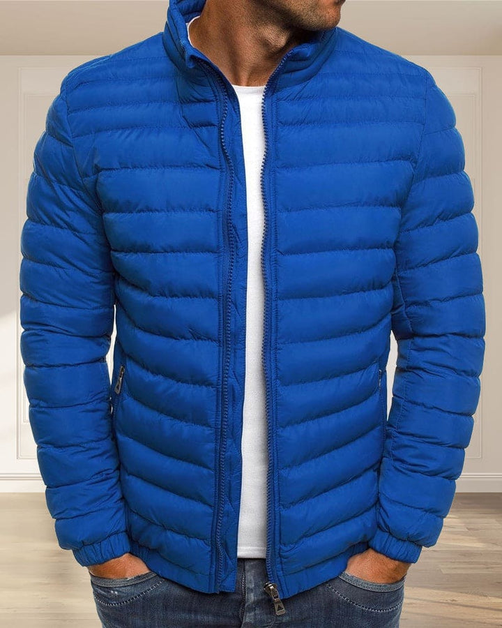 Blauer Herren-Daunenjacke, Steppdesign, Reißverschluss, modisch, warm, Winterbekleidung.