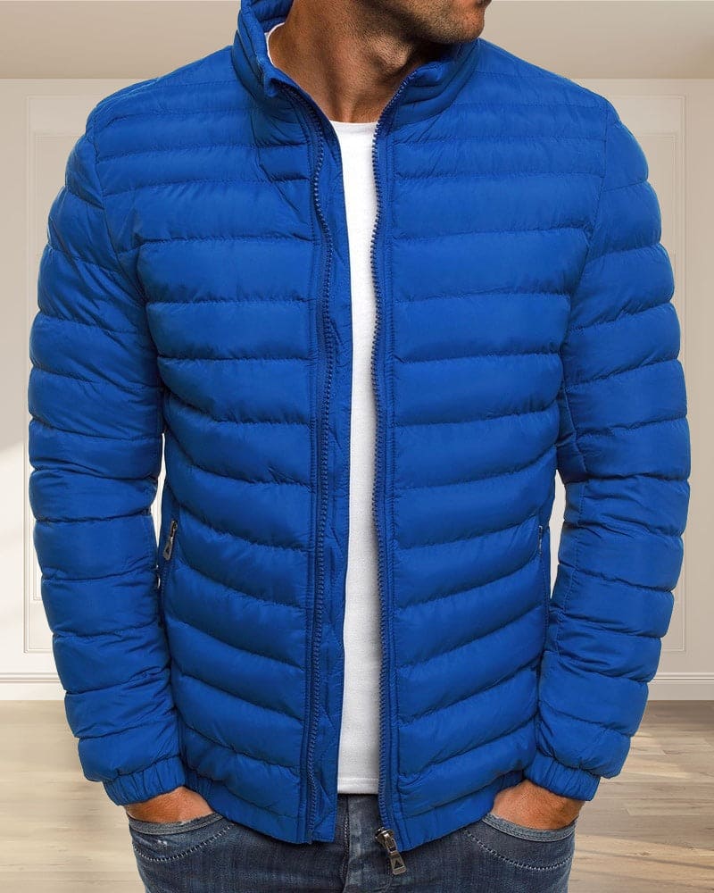 Blauer Herren-Daunenjacke, Steppdesign, Reißverschluss, modisch, warm, Winterbekleidung.