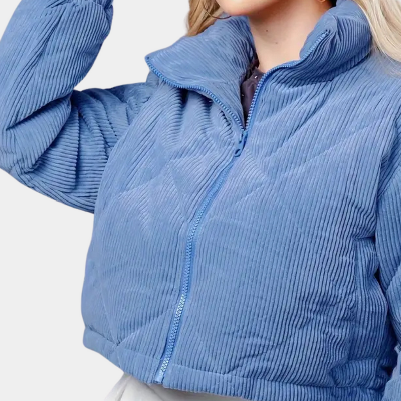 Blaue Cordjacke Damen, Reißverschluss, Stehkragen, modisch, warm, Herbstmode, Oberbekleidung