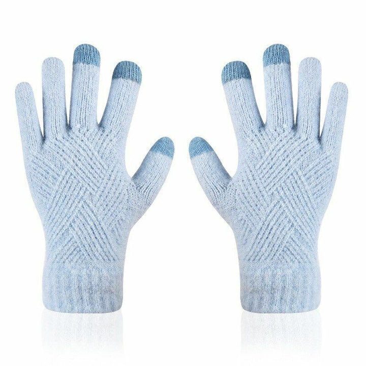 Hellblaue Touchscreen-Handschuhe aus Strick, rutschfest, für Winter, Smartphone-kompatibel.
