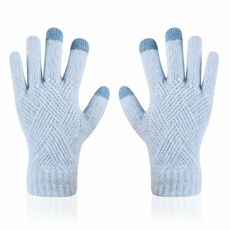 Hellblaue Touchscreen-Handschuhe aus Strick, rutschfest, für Winter, Smartphone-kompatibel.