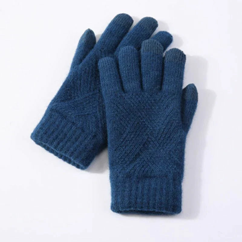 Blaue Strickhandschuhe aus Wolle, warm und weich, ideal für Winter, Unisex-Design.