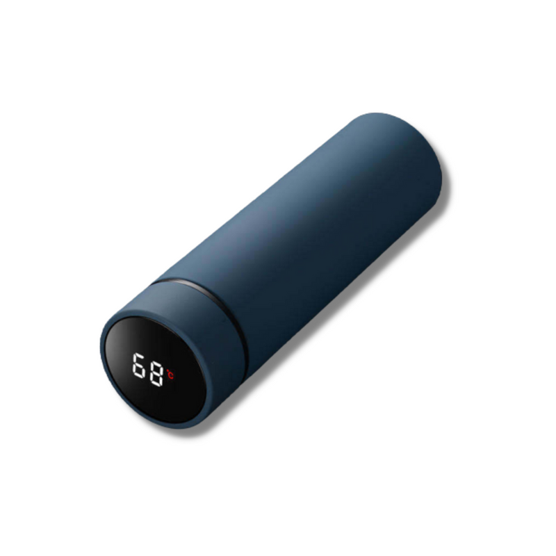 Blaue smarte Thermosflasche mit Temperaturanzeige, Edelstahl, isoliert, tragbar.