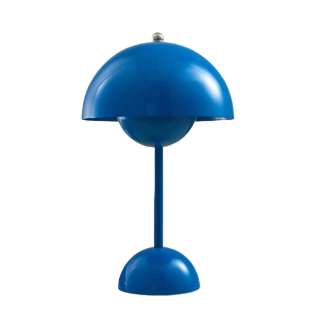 Blaue Tischlampe, modernes Design, Metall, kugelförmiger Schirm, Inneneinrichtung, Beleuchtung.