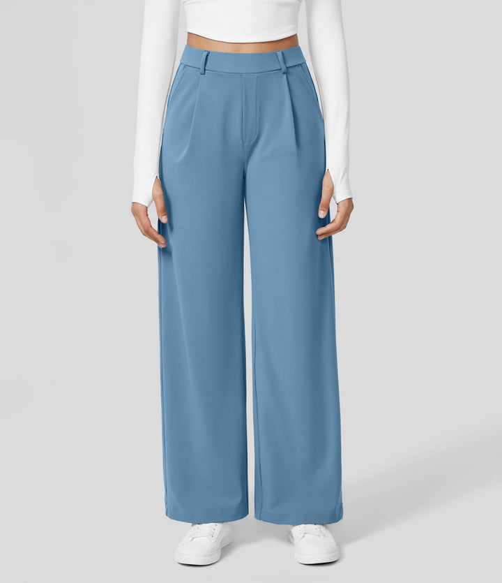 Damenhose blau, weit geschnitten, hohe Taille, eleganter Stil, ideal für Büro oder Freizeit.