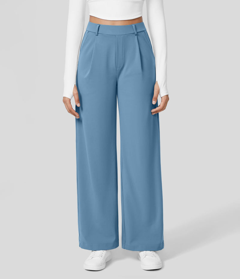 Damenhose blau, weit geschnitten, hohe Taille, eleganter Stil, ideal für Büro oder Freizeit.