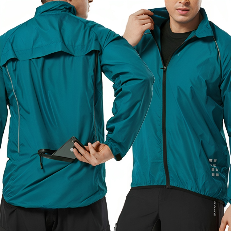 Herren-Windjacke, türkis, wasserabweisend, mit Reißverschluss und Tasche, Outdoor-Bekleidung.