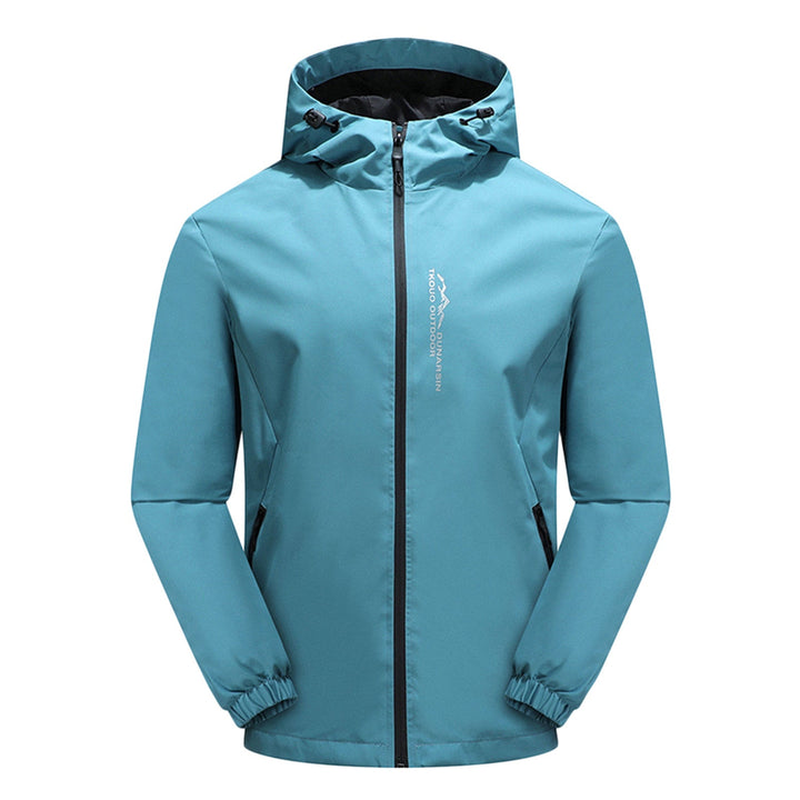 Türkise Outdoor-Jacke mit Kapuze, wasserdicht, atmungsaktiv, ideal für Wandern und Trekking.